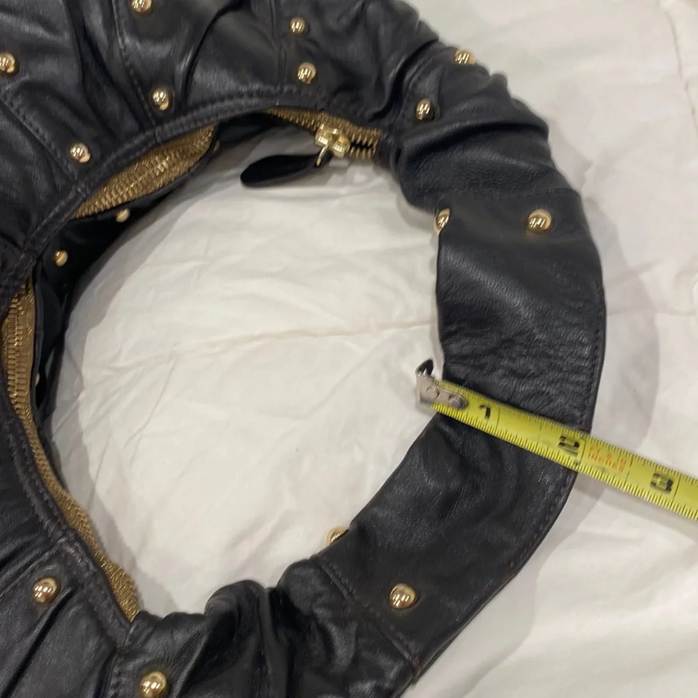 GOLDENBLEU black leather purse semi circular bag with gold tone studs all over